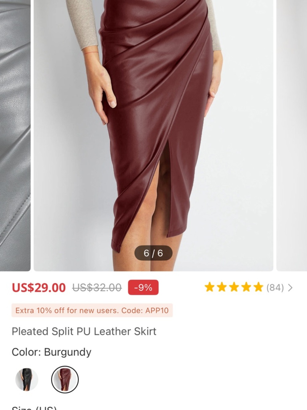 Commense Burgundy Faux Leather Pencil Skirt with Front Pleat